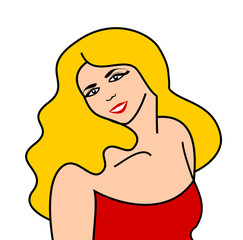Beautiful illustration of a smiling blonde woman dressed in red