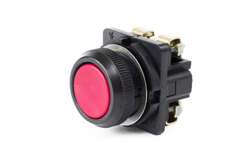 Red push button switch on white background