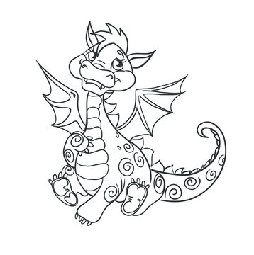 Сute little dragon sits. Outlined for coloring book