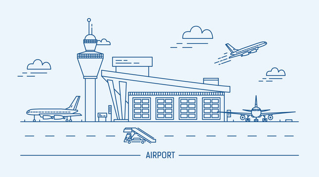 Airport, aircraft. Lineart black and white vector illustration with air terminal and airplanes.