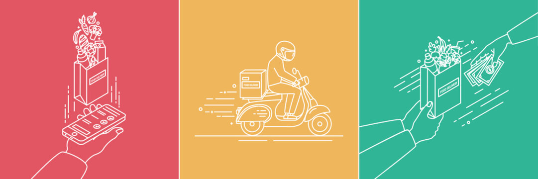 Food delivery concept. Lineart Illustration set in flat style.