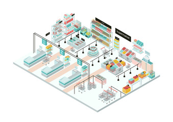 Supermarket interior. Grocery store. Colorful isometric illustration.
