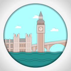 Fototapeta premium Paper applique style vector illustration. Card with application of Big Ben Tower and Westminster Palace. London.Postcard.