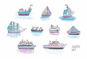 Set of different isolated doodle ships, yachts, boats, sailing craft, sailboat, nautical vessel. Sea transport collection. Hand drawn illustration.