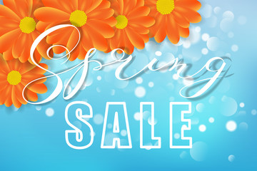 Spring sale concept. Flowers, bokeh, blue and orange colors. Vector illustration