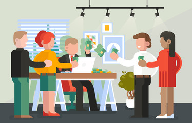 Boss paying salary to his workers or employee