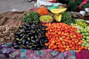 Selling fruit and vegetables by the side of the road in Jaipur, Rajasthan, India 