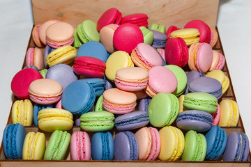 Traditional french colorful macarons  a box. Food