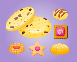 Different cookie homemade breakfast bake cakes isolated and tasty snack biscuit pastry delicious sweet dessert bakery eating vector illustration.