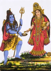 Acrylic prints Annapurna Colorful illustration of Hindu goddess Shiva with Annapurna on the wall in Pushkar, India