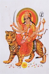 Colorful illustration of Hindu goddess Durga on the wall in Pushkar, India