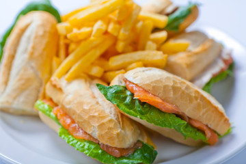 Sandwich with salmon, tomato, cheese and golden French fries potatoes