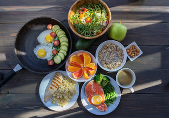 Health & Fitness Food in lunch boxes. Set meal for the whole day.