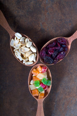 Peanuts, raisins and candied fruits - healthy breakfast