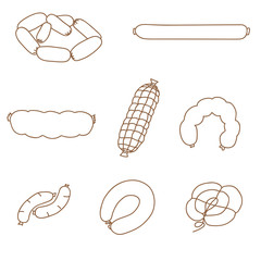 A set of sausages on a white background. The sketch drawn with a brush. Grocery design.