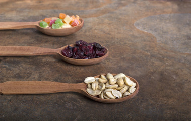 Peanuts, raisins and candied fruits - healthy breakfast