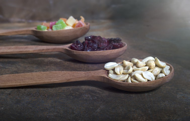 Peanuts, raisins and candied fruits - healthy breakfast