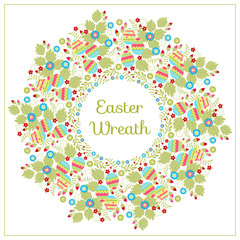 Vector drawing, Easter egg, pink and red rose flower buds, forget me not flowers, green twigs, sprigs and leaves. Isolated on white. Easter holiday wreath