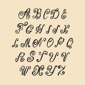 Vector hand written old swirl lettering alphabet. Vintage calligraphy letters.