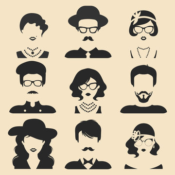 Vector set of different male and female icons in trendy flat style. People faces or heads collection.