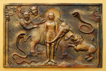 The Yaksa Sulapani tries to harass Bhagavan Mahavira while absorbed in deep meditation, relief on...