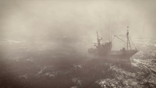 Cinemagraph loop - thunderstorm in the open sea with small fishing boat at foreground and lightning flashes in the distance. Motion photo rendered in 4K