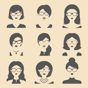 Vector set of different women app icons in glasses in flat style. Female faces or heads.