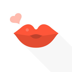 Kissing Lips with heart icon, flat design with long shadow