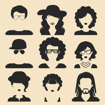 Vector set of different male and female icons in trendy flat style. People faces or heads.