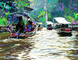 Fototapeta na wymiar digital painting of Thailand river, plein air contemporary art