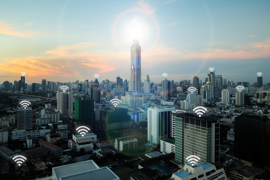 Wifi icon and Bangkok city with network connection concept, Bangkok smart city and wireless communication network, abstract image visual, internet of things.