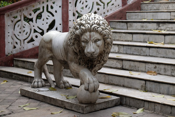 The lions guarding the entrance to the Sree Sree Chanua Probhu Temple in Kolkata, West Bengal, India 