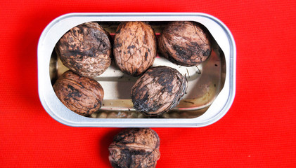 walnuts in a fish can top view