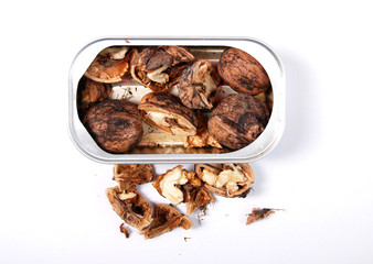 walnuts in a fish can top view