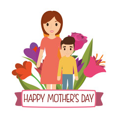 happy mothers day mom and son bouquet flowers decorative vector illustration eps 10