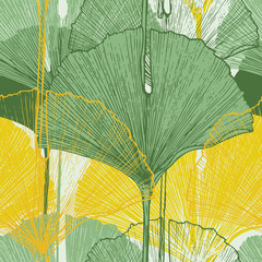 Tropikalne liście miłorzębu japońskiego. Ręcznie rysowane wektor wzór. - 142606259