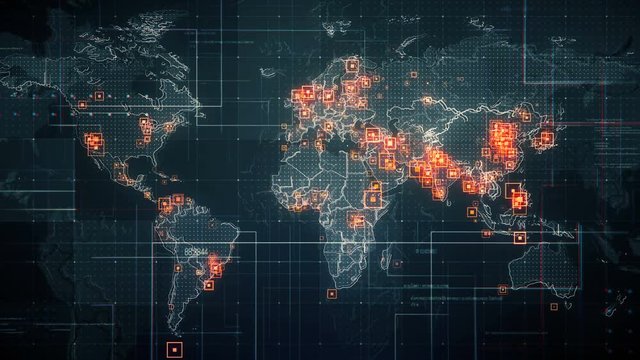 Black World Map with Lines Rollback Camera. Black World map with visual effects,square indicators and animated lines in different places.