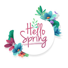 Round banner with the  Hello Spring logo.  Card for spring season with white frame and herb. Promotion offer with spring plants, leaves and flowers decoration.  Vector