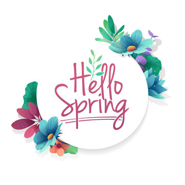 Round banner with the  Hello Spring logo.  Card for spring season with white frame and herb. Promotion offer with spring plants, leaves and flowers decoration.  Vector