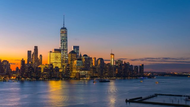USA, New York, Lower Manhattan, Hudson River, Freedom Tower TIMELAPSE Night to Day
