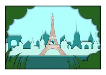 Fotobehang Paper applique style vector illustration. Card with application of Paris ponorama with Eiffel Tower. Postcard © wowanneta