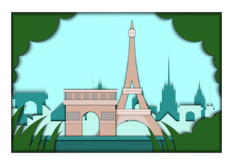 Paper applique style vector illustration. Card with application of Paris ponorama with Eiffel Tower and Triumphal Arch. Postcard