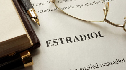 Estradiol written on a page. Human hormones.