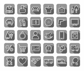 Purchase via the Internet, product category, icons, linear, vector. The white contour drawings on gray background with shadow. Vector clip art. 