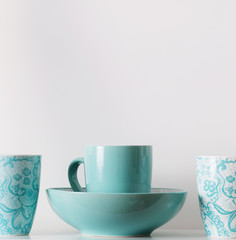 Clean dishes on wooden shelf