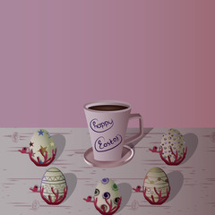 Easter eggs on the wooden table. Vector. Holiday background.