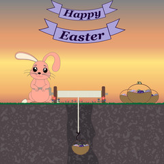 Easter bunny rabbit with Easter basket full of decorated Easter eggs