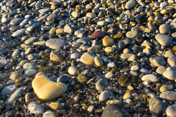 sea pebble beach with multicoloured stones, waves with foam