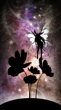 Fairy dancing on spiderweb cartoon character in the real world silhouette art photo manipulation