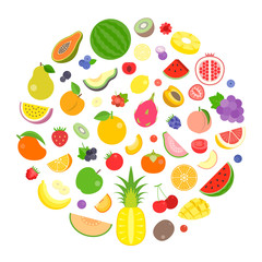 colourful fruits and berry vector arrange in circle shape. design for banner, template and background for backdrop. flat style
